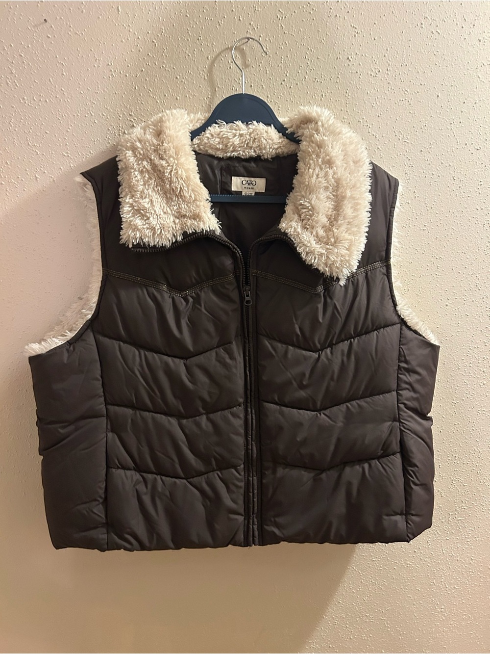 Cato Brown Quilted Puffer Vest with Cream Faux Fur Collar